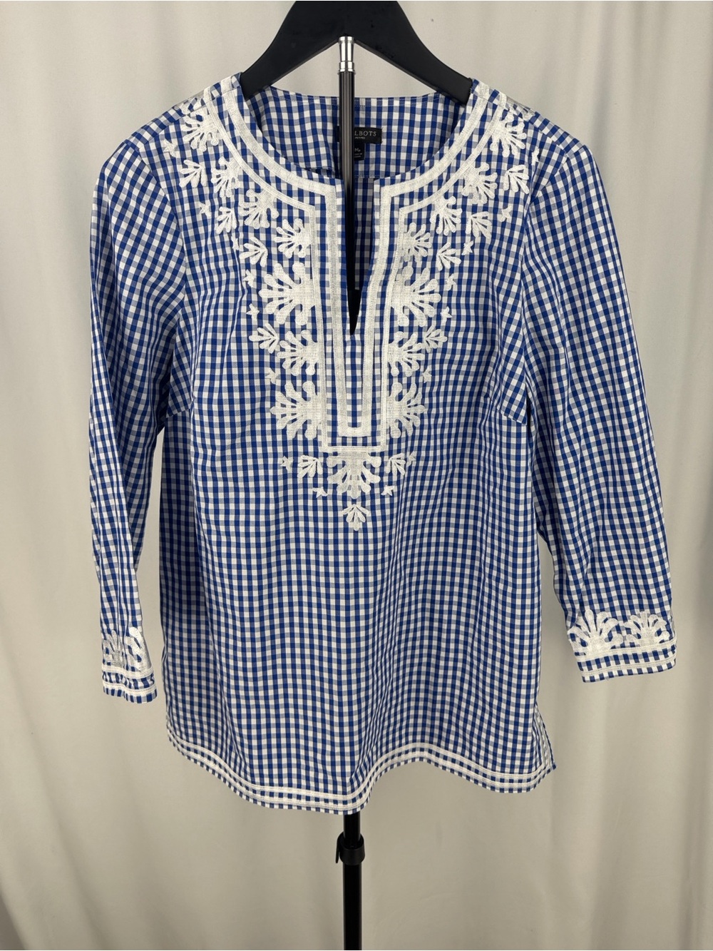 NWOT Talbots Petite Blue Gingham Embroidered Tunic Blouse MP